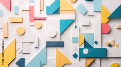 Abstract Geometric Composition: A vibrant and dynamic arrangement of colorful geometric shapes, creating a modern and abstract visual pattern.