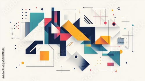 Geometric Abstract Composition: An intricate and colorful abstract composition featuring a dynamic arrangement of geometric shapes, lines, and patterns, suggesting order and complexity.