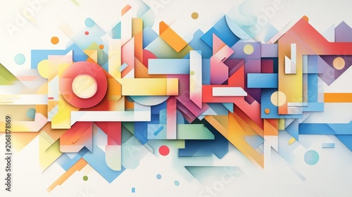 Abstract Geometric Composition: A vibrant and dynamic abstract composition featuring interlocking geometric shapes in a spectrum of bright, cheerful colors.