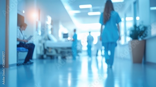 Hospital Corridor Ambience: A bustling hospital corridor, with medical professionals tending to patients and the soft glow of fluorescent lights creating a serene yet busy atmosphere.