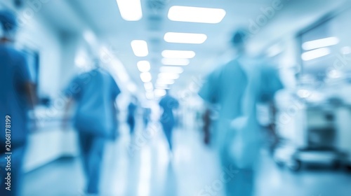 Medical Corridor: Blurred figures of medical professionals stride down a brightly lit hospital corridor, conveying a sense of urgency and movement within a healthcare setting.
