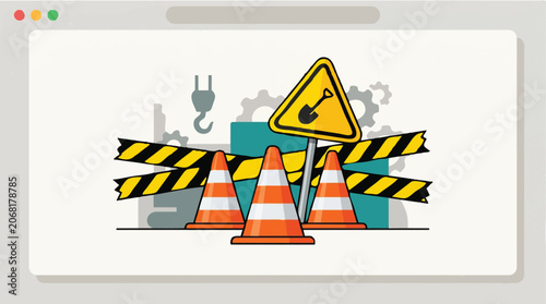 Website Under Construction Vector Illustration with Traffic Cones, Caution Tape, and Shovel Sign for Site Maintenance and Development