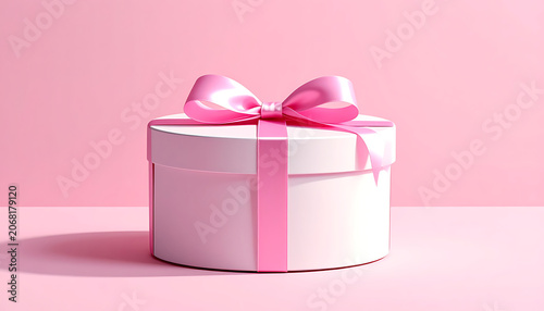 Elegant white round gift box with a satin pink ribbon and bow on a pink background.