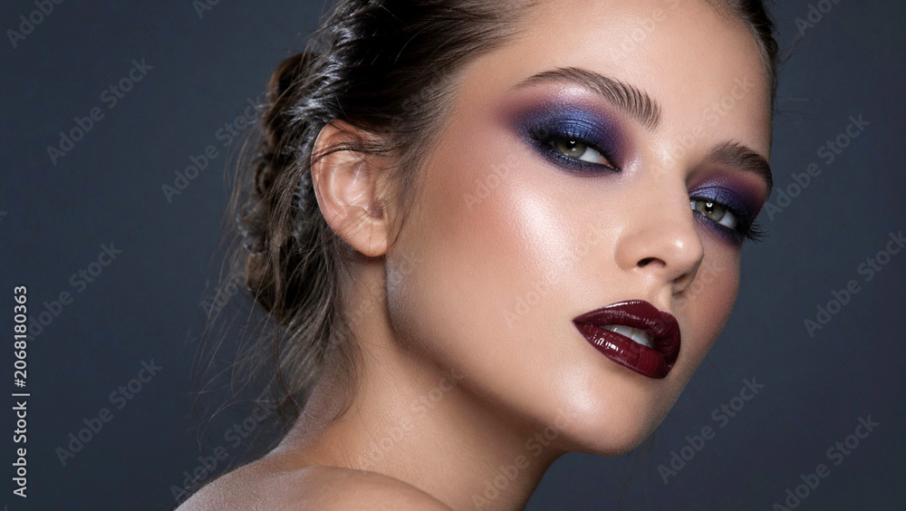 Fototapeta premium Black Cherry Lip Gloss Metallic Midnight Blue Gel Eyeshadow and Cream Highlighter Skincare Makeup Products on Beauty Model With Feminine Aesthetic and Charcoal Blue Copy Space Banner