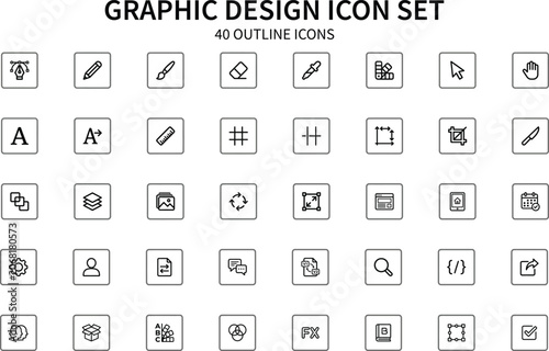 Graphic Design Icon Set with Outline Symbols for Creative Projects and Digital Applications