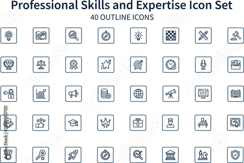 Business development icons in flat outline style for project management and strategic planning concepts