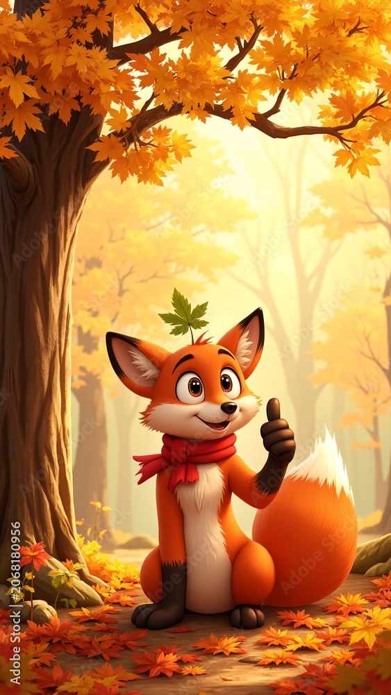Obraz premium Cheerful Fox Giving Thumbs Up With Maple Leaf in Autumn Forest