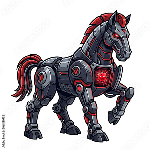 Cyberpunk Trojan Horse Robot Cyber Security Malware Concept Vector Art, White background.