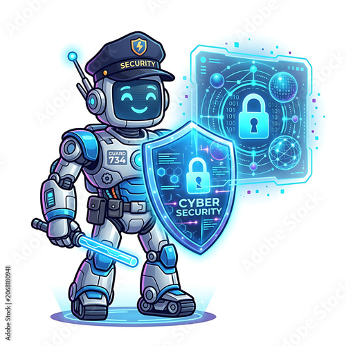Cute Robot Security Guard Holding Cyber Security Shield Concept. White background.