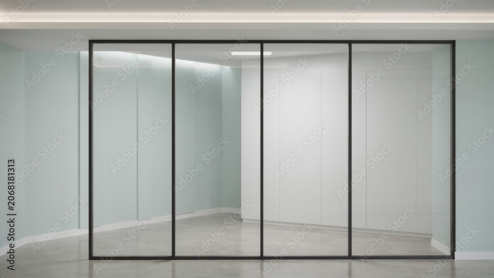 Fototapeta premium Glass partition wall with a sleek black metal frame divides an office space to create a modern and open workspace.