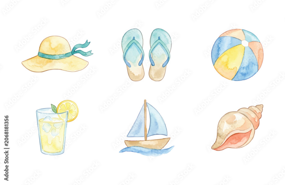 Obraz premium Watercolor summer beach icons collection isolated on white background