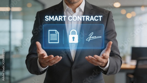 Businessman with smart contract hologram