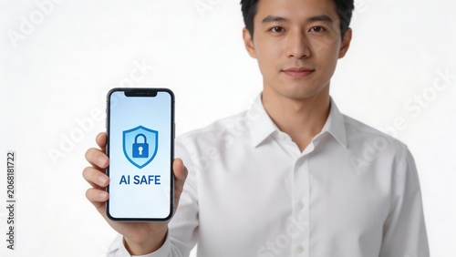 Man holding smartphone with AI safe icon