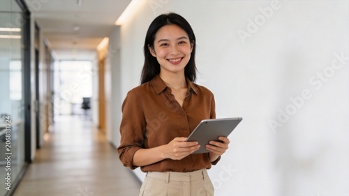 Smiling woman holding tablet in office hallway