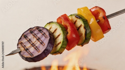 Grilled vegetable skewer with flames