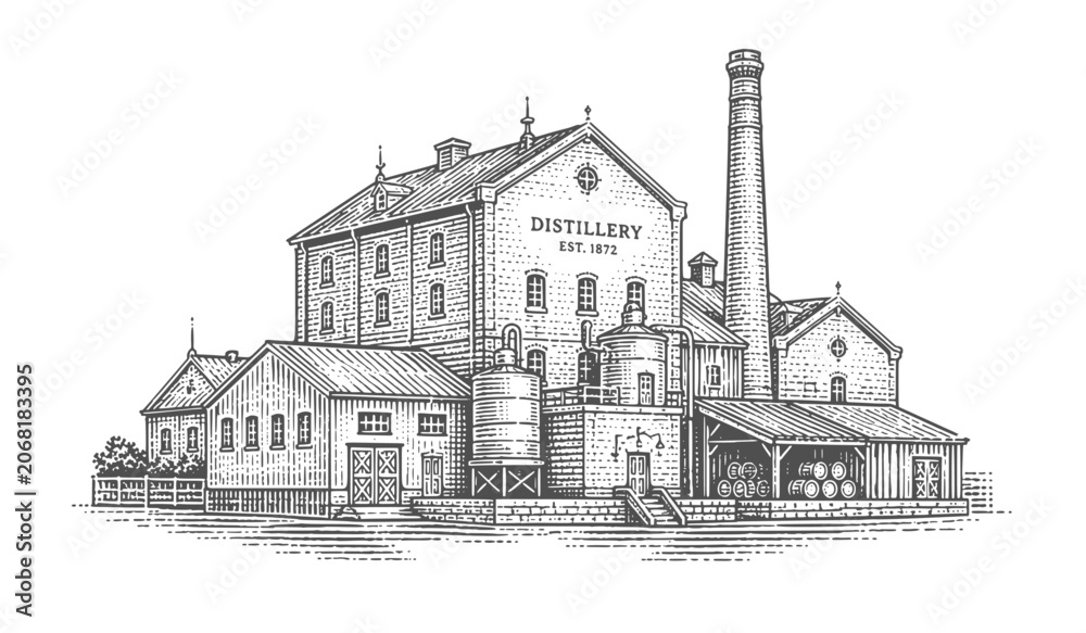 Fototapeta premium Distillery building with tall smokestack and barrels est 1872. Vintage woodcut engraving style vector illustration.