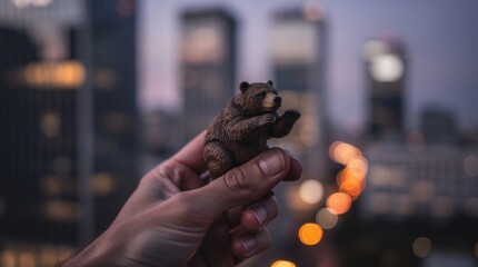 Hand holding miniature bear figurine with city lights bokeh background