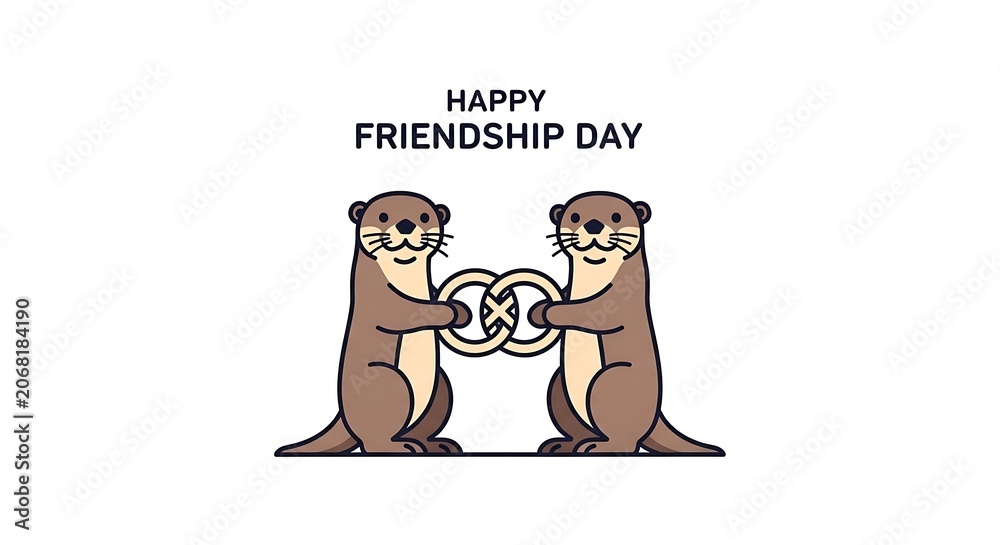 Fototapeta premium Minimalist cartoon otters holding intertwined wooden rings for friendship day festive concept.