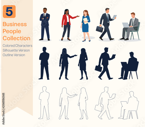 Business People Collection Featuring Professional Men and Women Characters in Colored, Silhouette and Outline Styles Vector Design Set