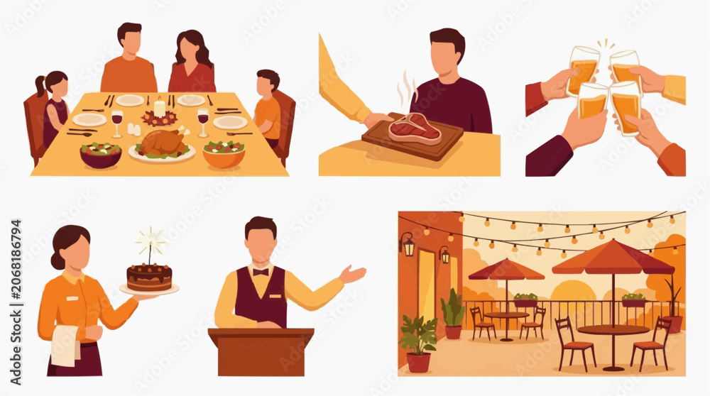 Fototapeta premium A collage of illustrations depicting a family dinner, a chef preparing steak, a toast with beer, a waiter presenting a cake, and an outdoor restaurant patio