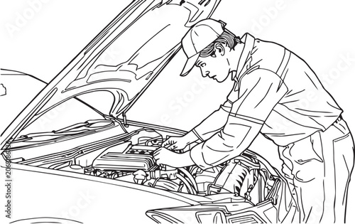 Mechanic inspecting car engine with hood open