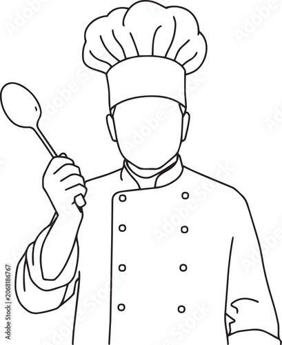 Line drawing of a chef holding a spoon wearing a hat and uniform