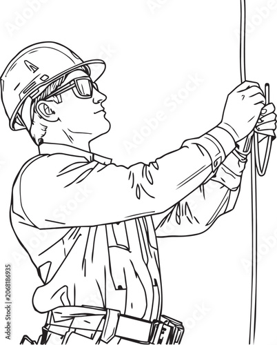 Man wearing a hard hat and harness working on a rope