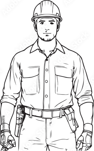 Line drawing of a construction worker wearing a hard hat and safety gear