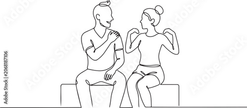 Continuous line drawing of a man and woman sitting on cubes talking