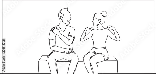 Line drawing of a man and woman sitting on cubes in a simple style