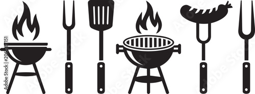 Black icons of barbecue tools and grill