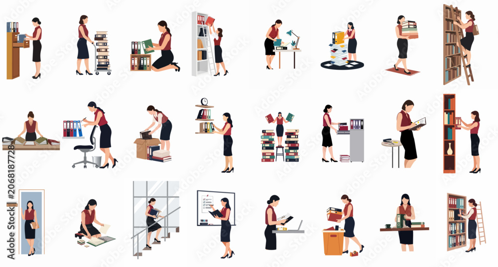 Fototapeta premium A collection of flat illustrations showing a female office worker or paralegal performing various administrative and filing tasks.