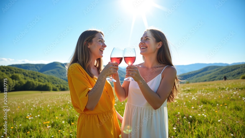 Fototapeta premium Two Young Women Toasting Wine in Summer Field