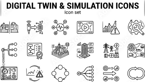 Digital Twin and Simulation Outline Icon Set with Sensor Feed, Anomaly Detection and BIM Twin, 20 Icons Editable Strokes