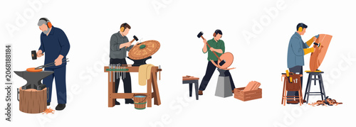 Bild auf Leinwand Illustration set of professional blacksmiths and craftsmen working on metal pieces using traditional tools like anvils, hammers, and chisels in a workshop