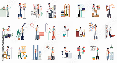 Konstfotografi Comprehensive set of illustrations depicting pharmacists, doctors, and scientists performing various professional healthcare activities, from managing medication to conducting research and consulting