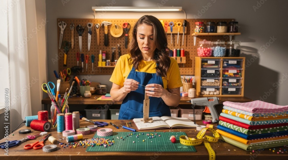 Fototapeta premium Woman focused on handmade crafting project in workshop