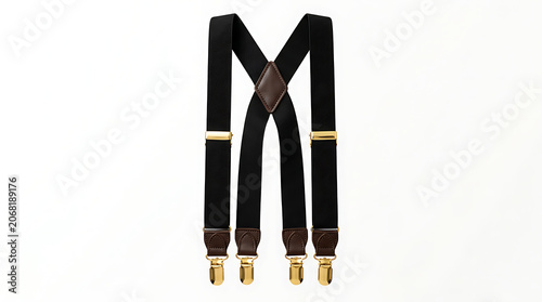 Black suspenders with gold buckles and brown accents on a white background