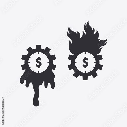 Creative vector illustration of gear clocks with dollar symbols, featuring melting and burning effects to represent financial loss, inflation