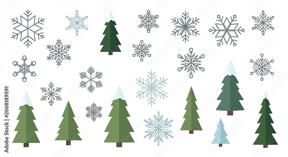 Fototapeta premium Christmas trees and snowflakes winter decoration.