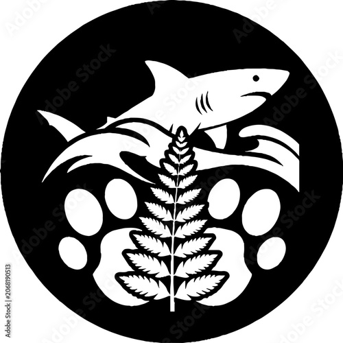Shark and Fern Leaf Circular Black and White Design.