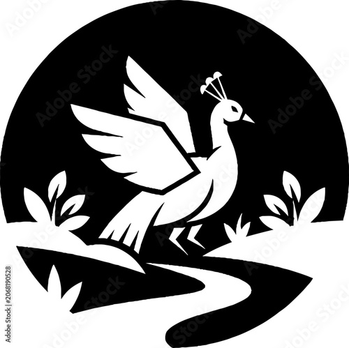 Elegant peacock silhouette with flowing feathers and nature elements.