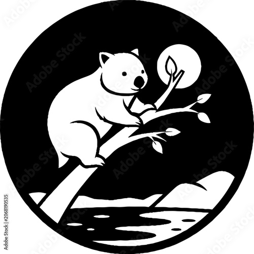 Koala sitting on a tree branch at night.
