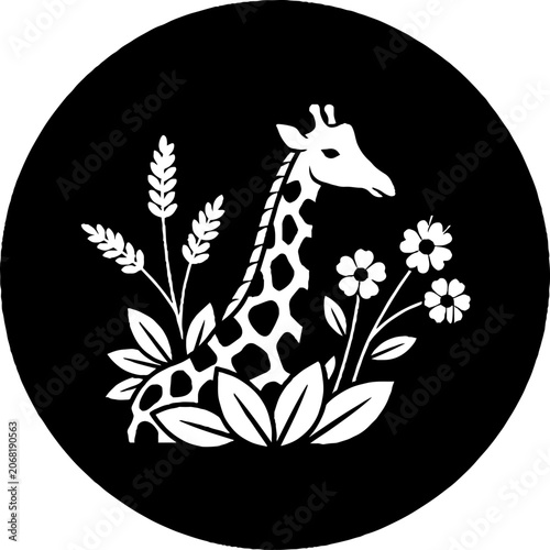 Elegant giraffe illustration with floral and wheat details.
