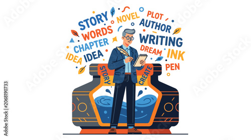 Author Writing Story Ideas with Inkwell and Pen, Creative Process