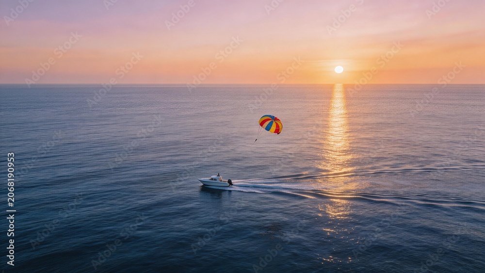 Fototapeta premium Boat with parachute at sunset