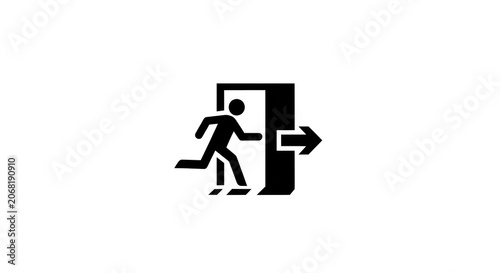 Silhouette of a person running towards an open door with an exit sign.
