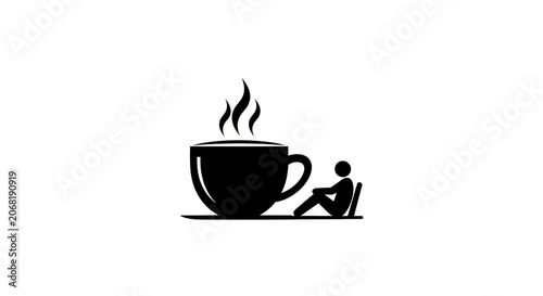 Silhouette of a person sitting next to a large steaming coffee cup.