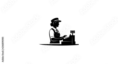 Silhouette of a Woman Working as a Cashier at a Checkout Counter.
