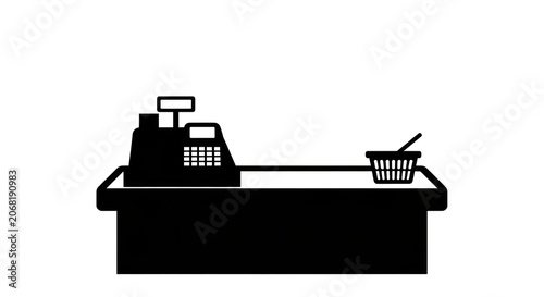Silhouette of a vintage cash register and shopping basket on a counter.